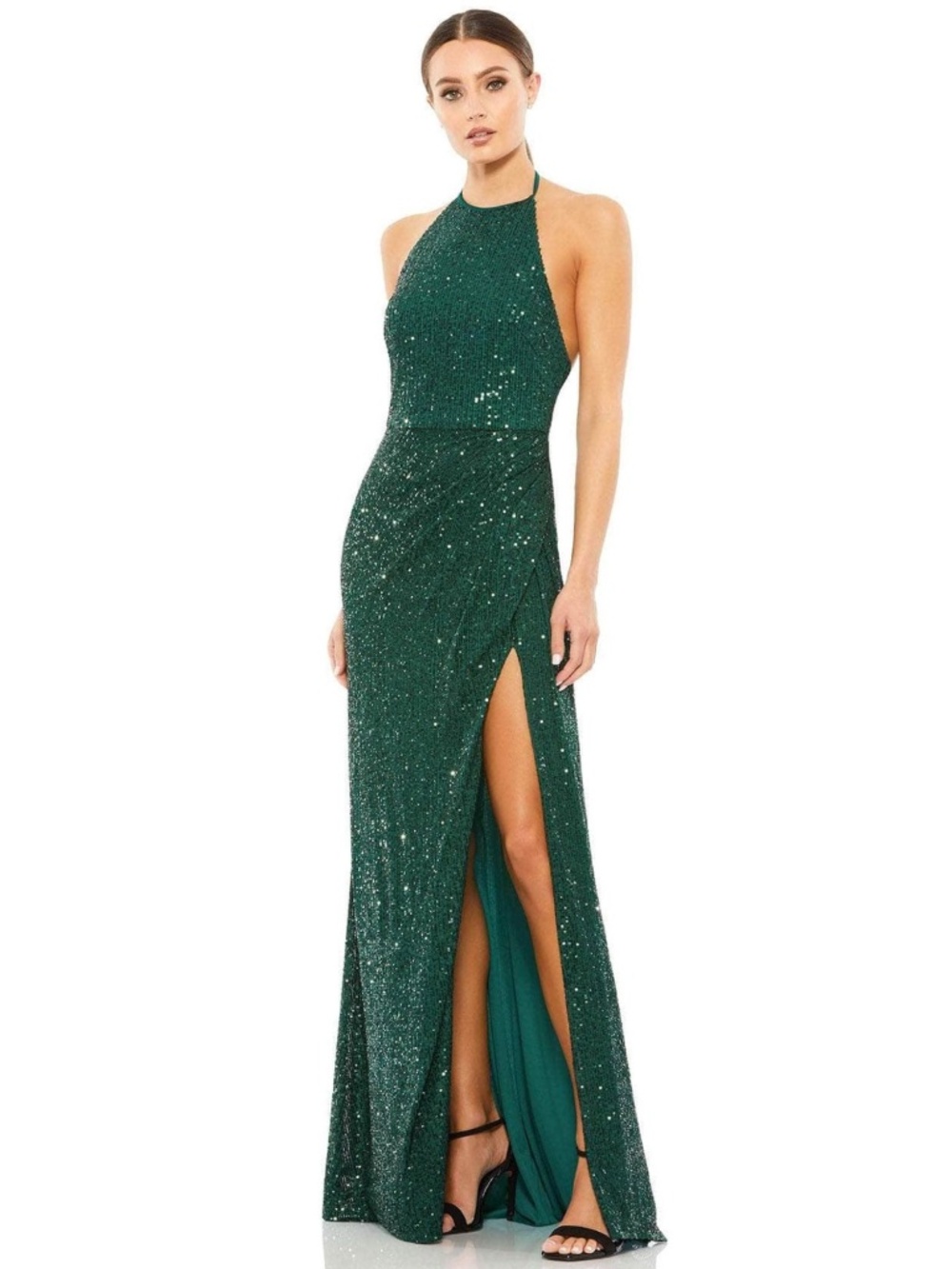 Mac Duggal 26622 Sequined Halter Neck Gown Sz Bottle Green $358 SIZE 10 - Picture 2 of 3